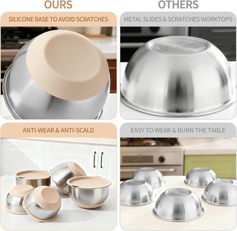 Deedro Premium Mixing Bowls with Airtight Lids Set, 22Pcs Thicker Stainless Steel Mixing Bowl Set, Large Prep Metal Bowls, Non-Slip Silicone Base Nesting Bowls for Kitchen, 1.5/2/3/4/5 QT, Khaki - Image 4